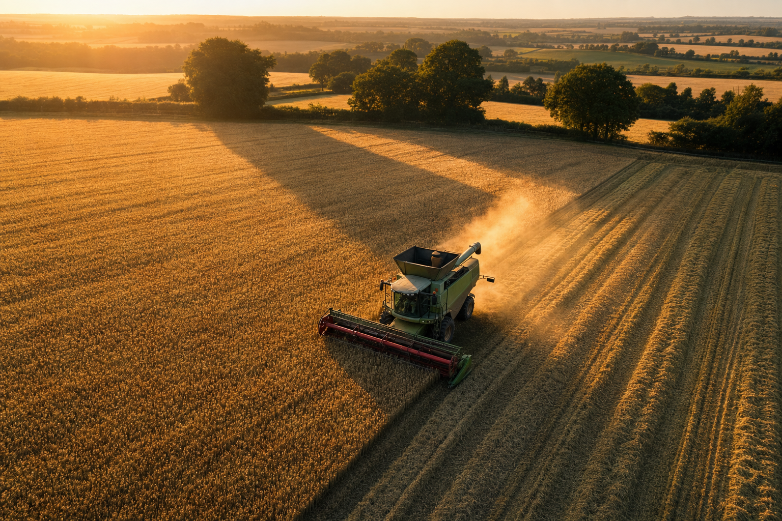 Aerial view of a combine harvester cutting a wheat field at golden hour