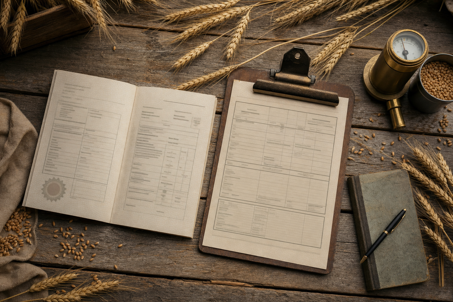A grain passport and clipboard on a wooden farm table surrounded by wheat ears