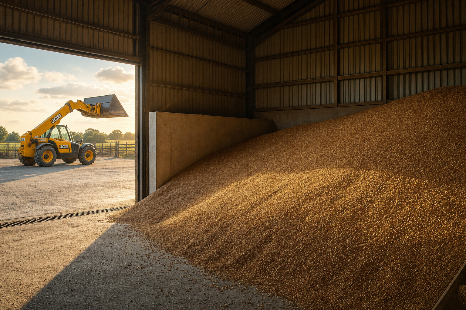 Warm afternoon sunlight inside a UK grain store, heaped wheat sloping against the pushwall